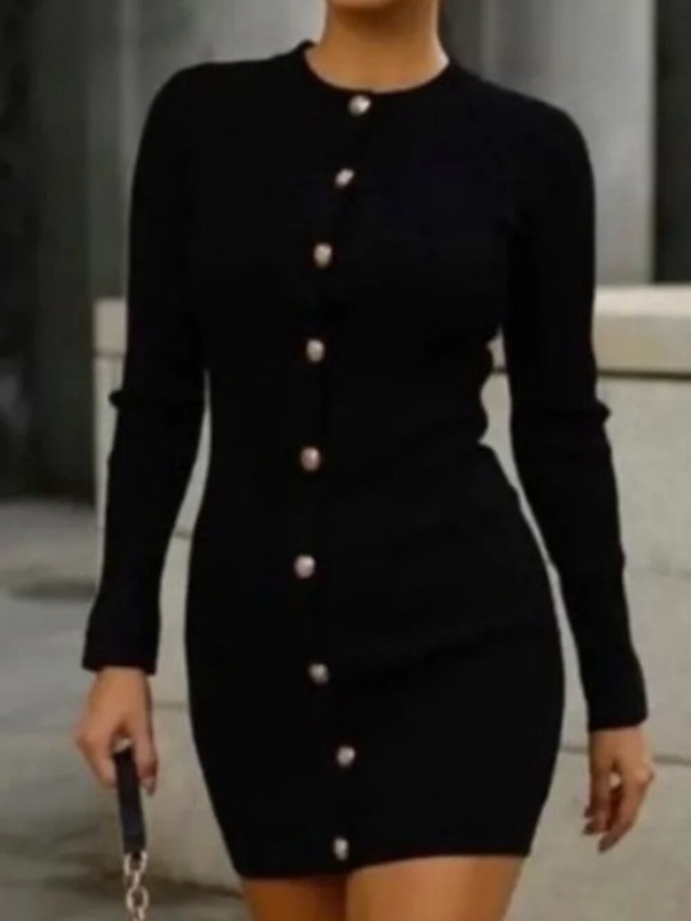 NWT Zara Black Ribbed Long Sleeve Knit Mini Dress with Gold Buttons - Small